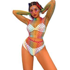 🌈 rainbow fishnet stockings mesh lingerie bodysuit BDSM bondage cosplay NWT